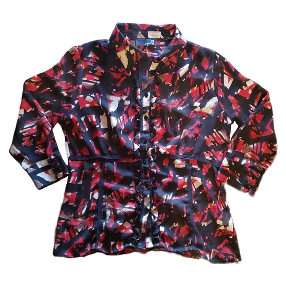 Laura Tops - L, Red & Black with Lace & Ruffle Laura Blouse